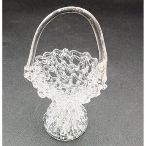 Clear Glass Basket Hand Blown Art Handled Vintage Flowers Trinkets 3.5 Inches